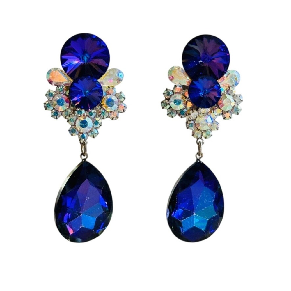 VTG Runway Purple Austrian Crystal Earrings Dangle Rivoli Rhinestone Clip Flashy